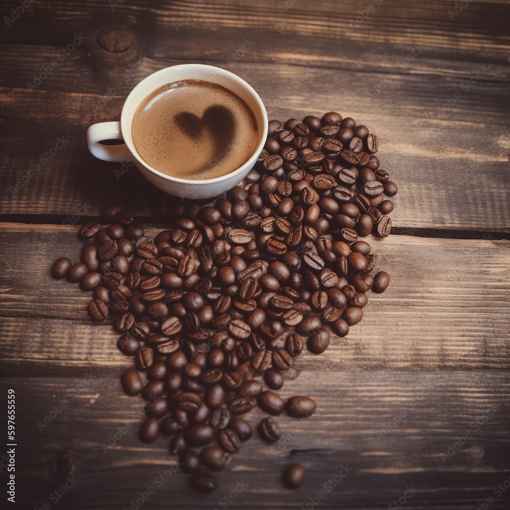 cup of coffee with beans on wooden table. cup of coffee with beans on wooden table.