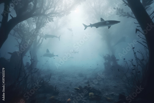 A school of sharks flying in a foggy fantasy landscape, surreal.