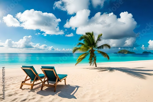 Fototapeta Naklejka Na Ścianę i Meble -  Beautiful tropical beach with white sand and two sun loungers on background of turquoise ocean and blue sky with clouds. Frame of palm leaves and flowers. Perfect landscape for relaxing vacation