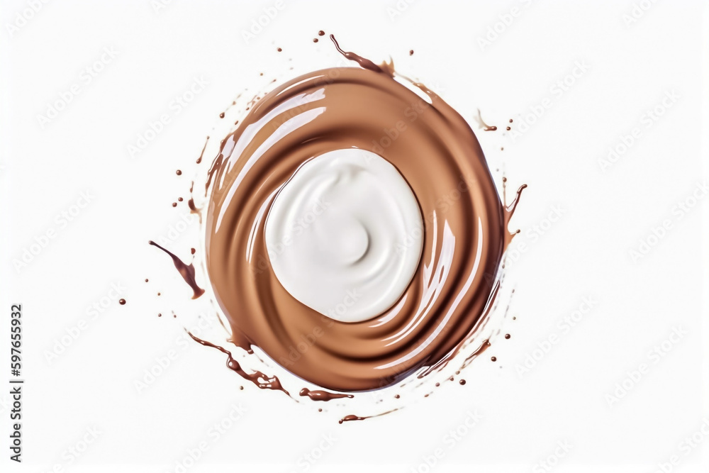 A circular vortex of creamy chocolate and fresh milk blends together in a mesmerizing display of fluid art. generative AI. A circular vortex of creamy chocolate and fresh milk blends together in a mesmerizing display of fluid art. generative AI.