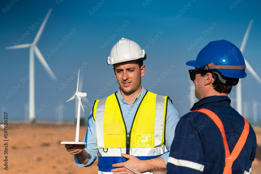 Alternative renewable energy and system service, Technician engineer inspection work at wind turbine electricity industrial, green technology for environment by using windmill in power generator farm Alternative renewable energy and system service, Technician engineer inspection work at wind turbine electricity industrial, green technology for environment by using windmill in power generator farm