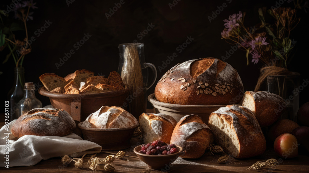 An assortment of freshly baked artisan bread. Generative AI An assortment of freshly baked artisan bread. Generative AI