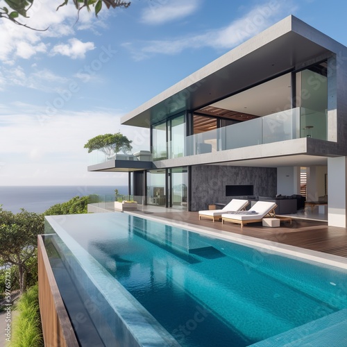 Luxurious modern house with swimming pool with sky view. © KKC Studio