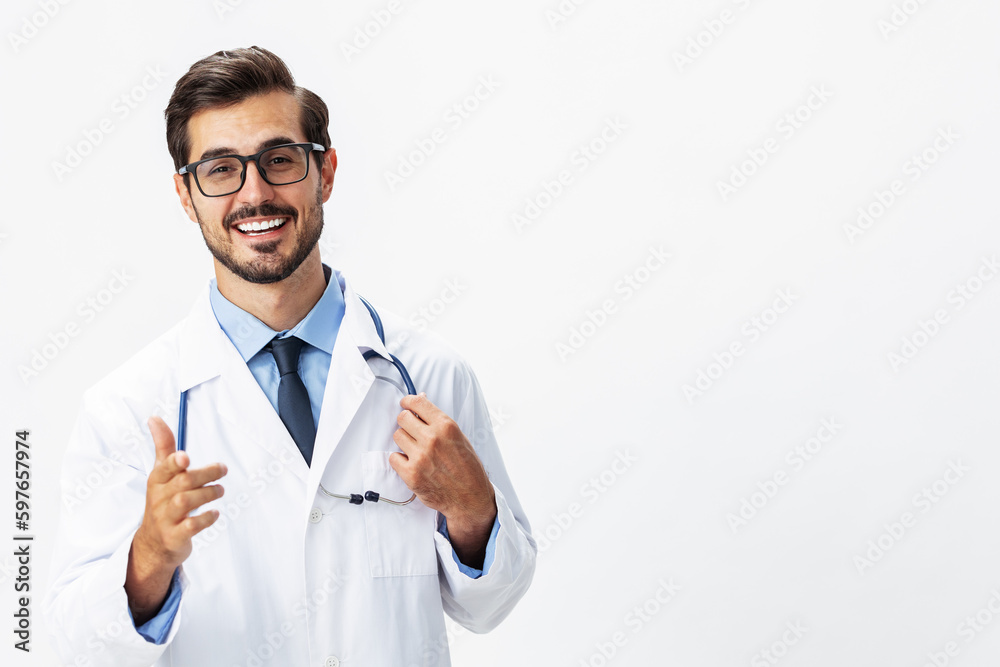 Man portrait doctor in white coat and eyeglasses and stethoscope looking into camera shows hands on background on white isolated background, space for copy, space for text, health Man portrait doctor in white coat and eyeglasses and stethoscope looking into camera shows hands on background on white isolated background, space for copy, space for text, health