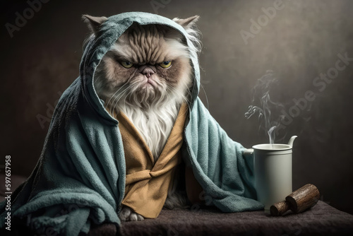 Portrait of a bad-tempered cat wearing a bathrobe and a cup of coffee in the morning. Typical morning grouch, generative AI photo