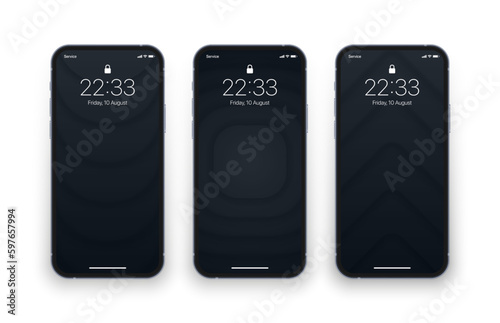Various Dark Grey Layered Smooth Blurred Dynamic Structure Modern Wallpapers Set On Photorealistic Mobile Phone Screen Isolated On White Background. Set Of Vertical Abstract Backgrounds For Smartphone