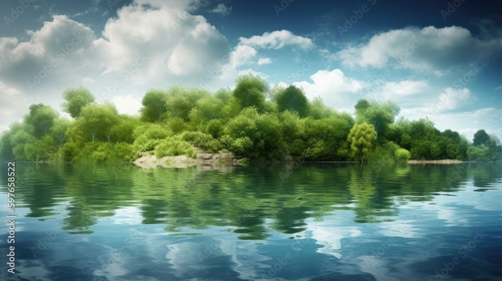 Obraz premium Pristine, crystal-clear lake surrounded by lush, verdant foliage, reflecting the sky and clouds. Generative AI