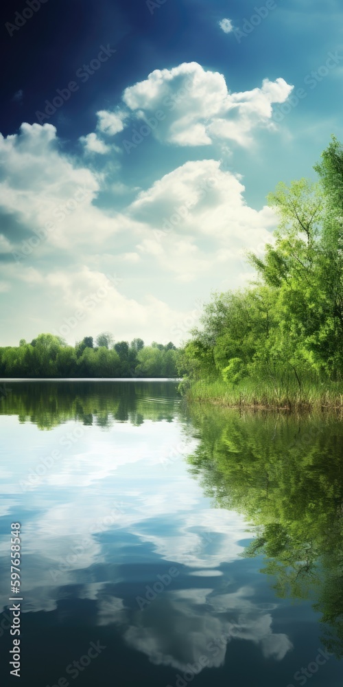 Obraz premium Pristine, crystal-clear lake surrounded by lush, verdant foliage, reflecting the sky and clouds. Generative AI