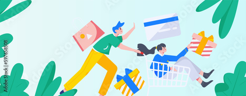 Holiday Shopping E-Commerce Online Shopping People Flat Vector Concept Operation Hand Drawn Illustration
