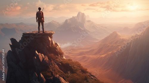 hiker standing on top a mountain, digital art illustration, Generative AI