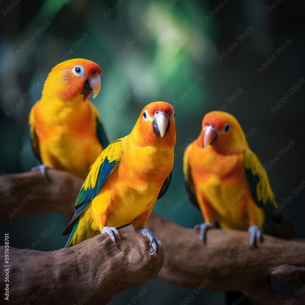 yellow and green parrots in the park.