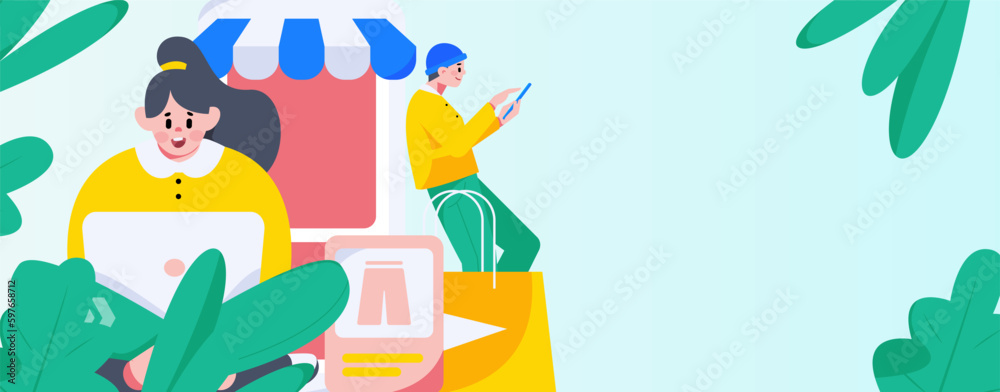 Fototapeta premium Holiday Shopping E-Commerce Online Shopping People Flat Vector Concept Operation Hand Drawn Illustration 