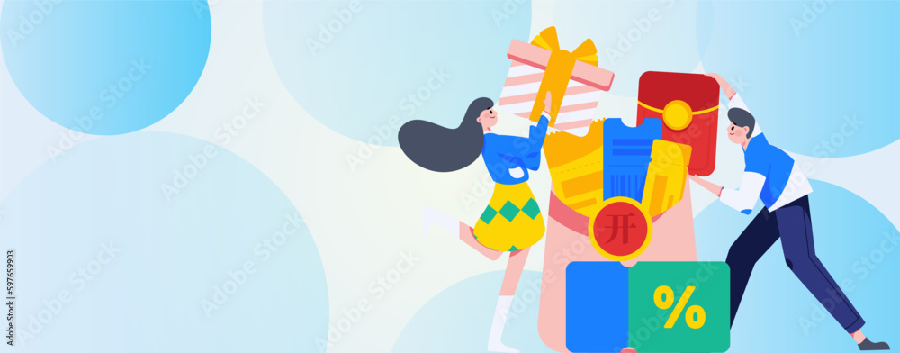 Naklejka premium Holiday Shopping E-Commerce Online Shopping People Flat Vector Concept Operation Hand Drawn Illustration 