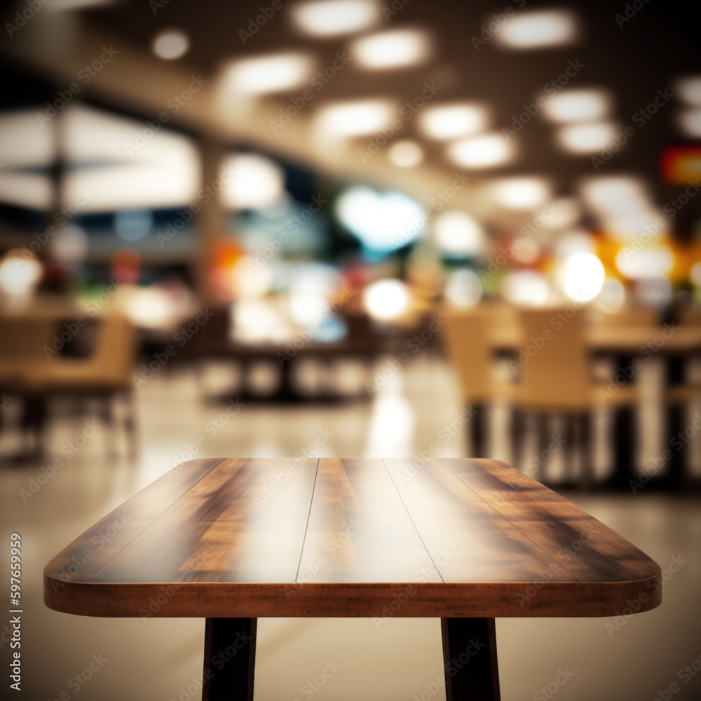 Empty wooden table in front of abstract blurred background of shopping mall . wood table in front can be used for display or montage your products.Mock up for display of product Generative AI Empty wooden table in front of abstract blurred background of shopping mall . wood table in front can be used for display or montage your products.Mock up for display of product Generative AI