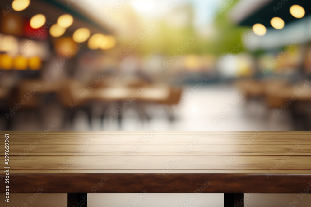 Empty wooden table in front of abstract blurred background of shopping mall . wood table in front can be used for display or montage your products.Mock up for display of product Generative AI Empty wooden table in front of abstract blurred background of shopping mall . wood table in front can be used for display or montage your products.Mock up for display of product Generative AI