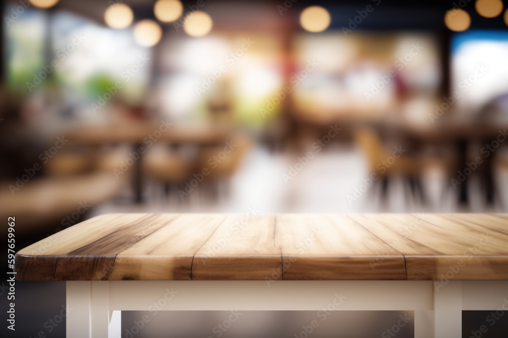 Empty wooden table in front of abstract blurred background of shopping mall . wood table in front can be used for display or montage your products.Mock up for display of product Generative AI Empty wooden table in front of abstract blurred background of shopping mall . wood table in front can be used for display or montage your products.Mock up for display of product Generative AI