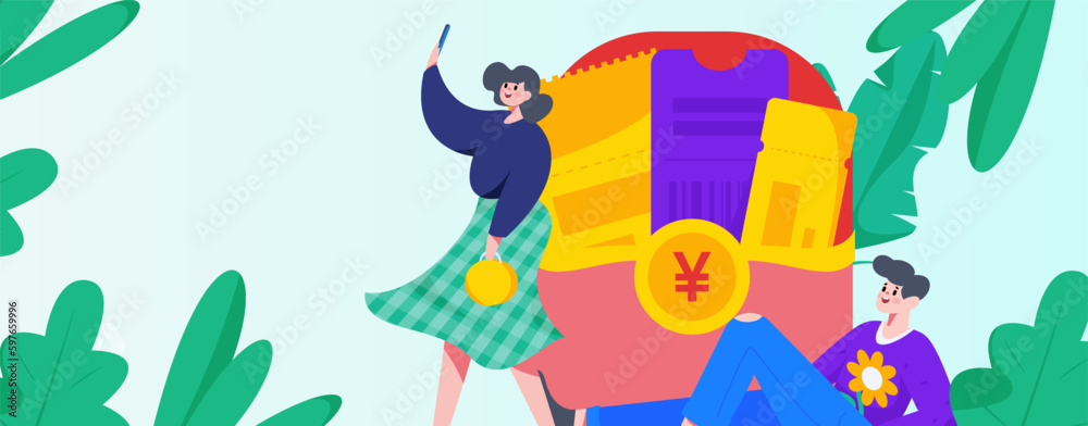 Fototapeta premium Holiday Shopping E-Commerce Online Shopping People Flat Vector Concept Operation Hand Drawn Illustration 