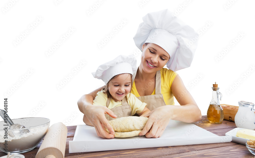 Happy loving family prepares bakery together. Happy loving family prepares bakery together.