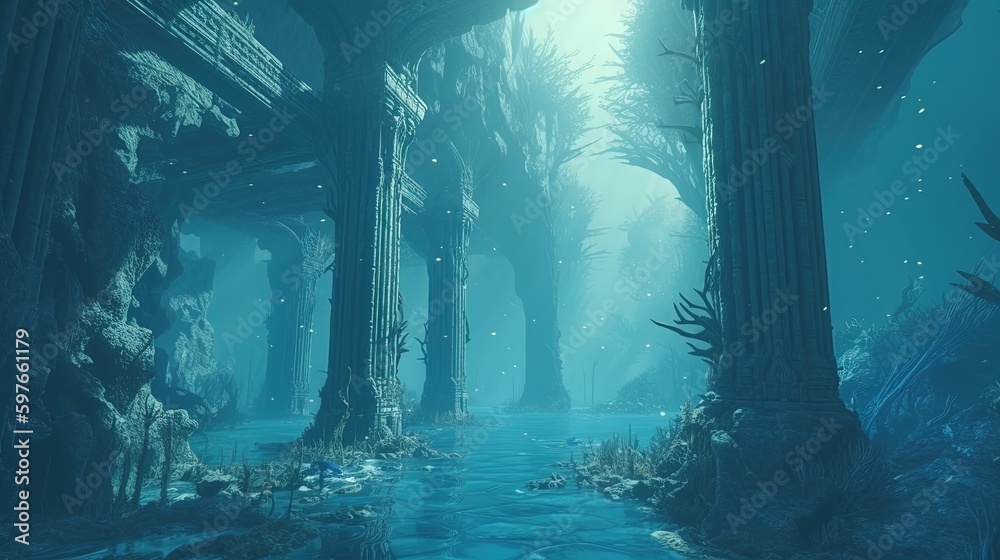 mystical underwater city, digital art illustration, Generative AI