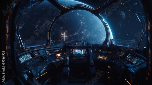 Fototapeta Naklejka Na Ścianę i Meble -  spaceship cockpit with planet, digital art illustration, Generative AI