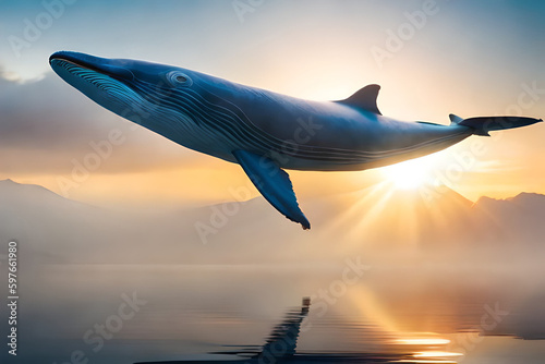 whale jumping out from sea floating at the air in the sunset Generative AI