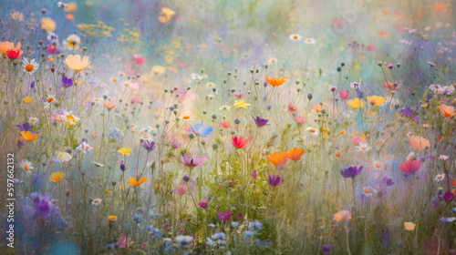 Spring colorful wildflower field background. Generative AI