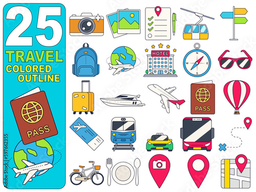 Travel Illustration Colored Outline Set 25 Item