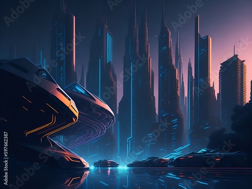 "A futuristic city skyline with flying cars and neon lights" 