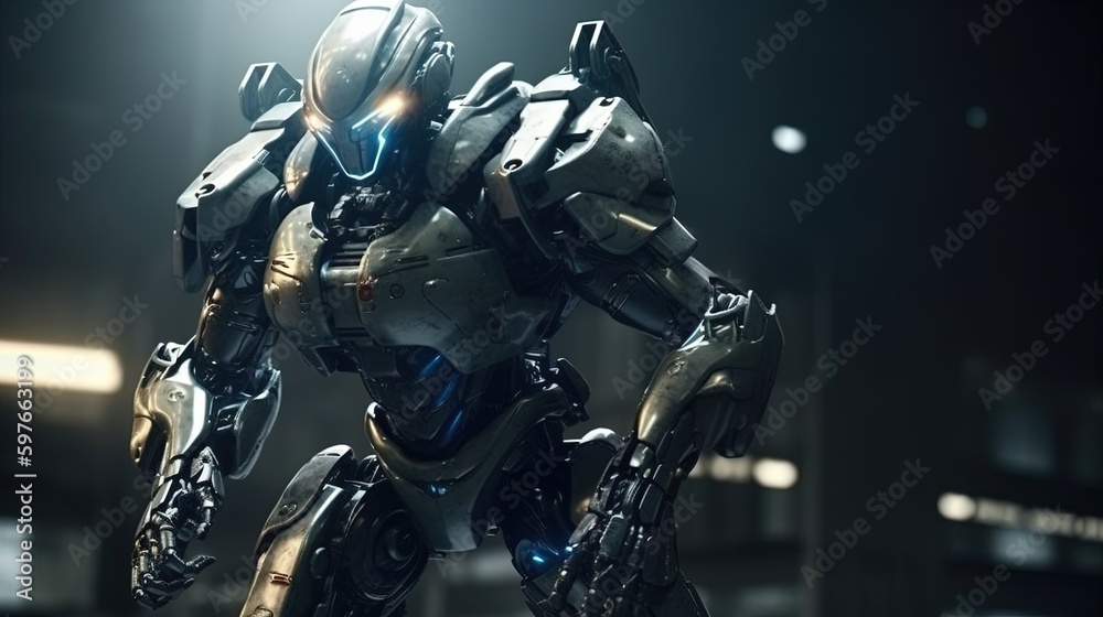 Naklejka premium sci fi mech warrior defensive pose, digital art illustration, Generative AI