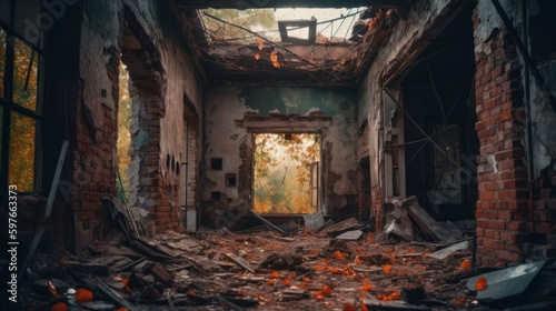 Capturing the beauty of decay: Photography in ancient ruins showcases stunning contrasts in light and dark interiors of abandoned buildings, Generative ai