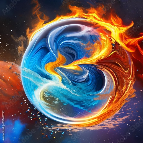 An abstract interpretation of the four elements, with fire, water, earth, and air colliding in a cosmic dance3, Generative AI photo
