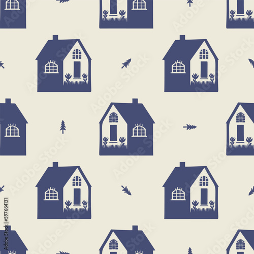 Masculine block print house vector pattern. Seamless sketchy city street organic style for rustic tile. 