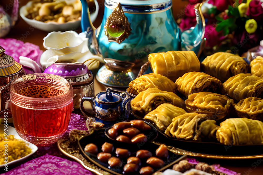 ramadan-kareem-iftar-evening-meal-with-d ates-baklava-traditional-arabic-sweets-fruit.