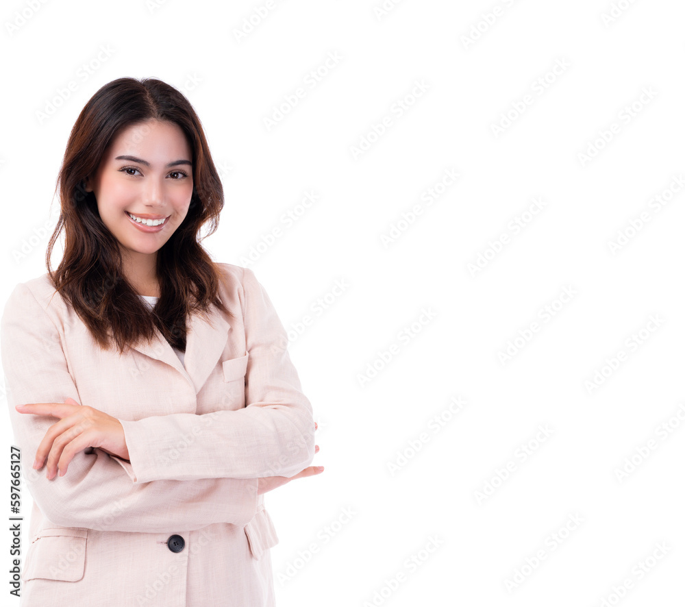 Portrait smiling young business woman crossed arms Happy girl posing with crossed arms and looking at camera over white background and copy space Confident female get happy and feel relax Successful Portrait smiling young business woman crossed arms Happy girl posing with crossed arms and looking at camera over white background and copy space Confident female get happy and feel relax Successful