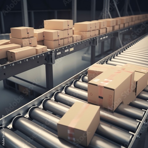 Conveyor belt in warehouse with many parcel boxes placed on the conveyor belt. photo