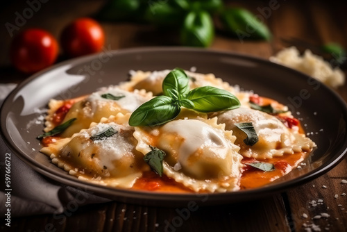 Ravioli alla ricotta, Italian food. AI Generated.