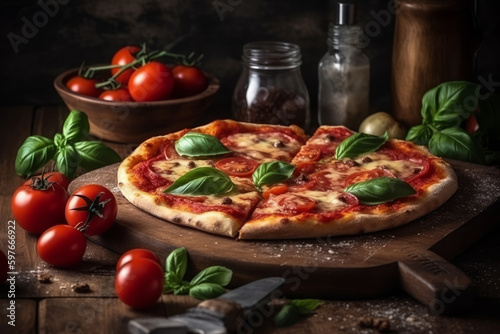 Pizza Margherita, Italian food. AI Generated.