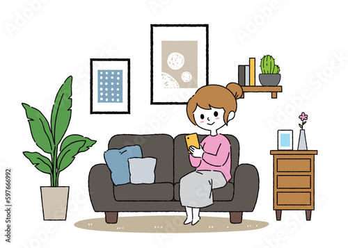 シンプルなソファに座る女性のイラスト