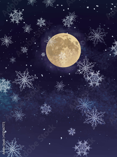 雪の結晶月の夜空_リアルタッチ_縦
