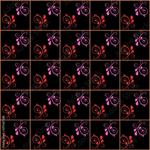 Dark colour floral ornament grid design 