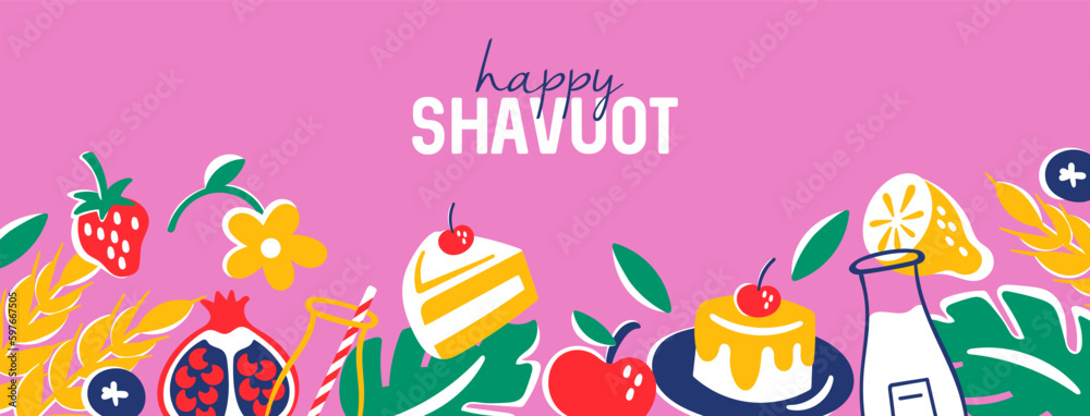 Jewish holiday shavuot banner design with fruits, wheat ears and milk bottle. Childish print for greeting card, background or poster design