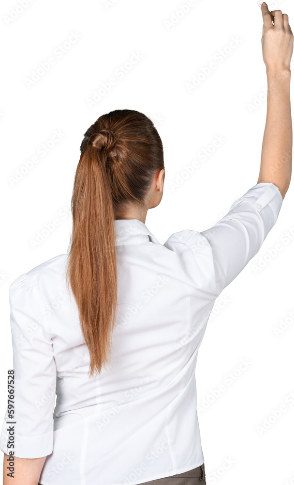 Beautiful young businesswoman drawing on the virtual symbol Beautiful young businesswoman drawing on the virtual symbol