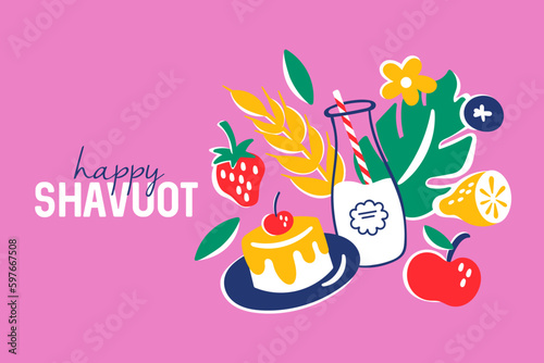 Jewish holiday shavuot greeting card design with fruits, wheat ears and milk bottle. Childish print for background, banner or poster design