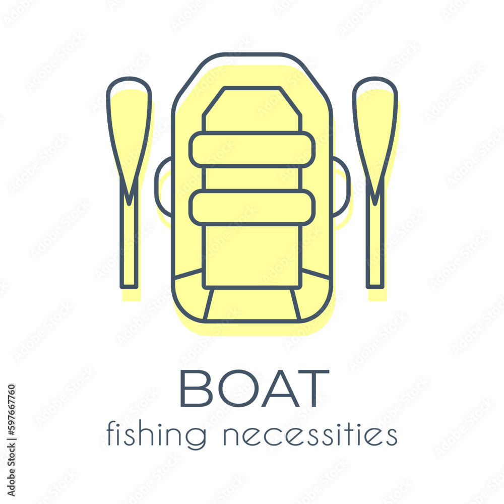 Fototapeta premium Simple minimalist yellow inflatable boat and oars icon on a white background. Suitable for web sites, applications, online shops