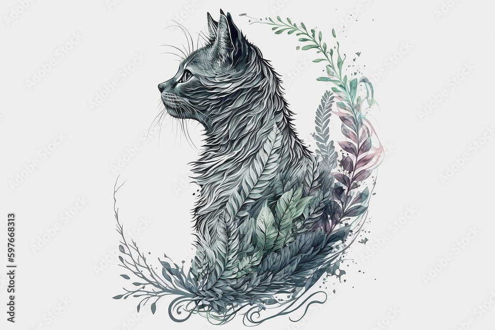 Artistic Cat With Innovative Plant Art on White Background with generative AI technology Artistic Cat With Innovative Plant Art on White Background with generative AI technology