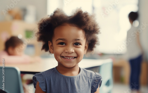 Black dark-skinned african american cute happy smiling girl at nursery or playroom. Generative AI