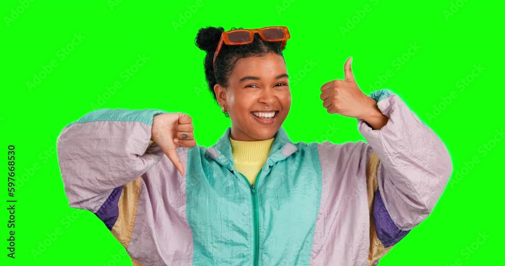 Green screen, portrait and woman with thumbs up or down. Feedback or review, marketing or communication and confused sign language decisions with young female on chroma key mock up background.