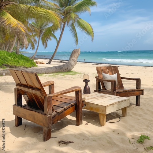lovely beach. Chairs by the water on the sandy beach. Tourism idea for summer vacations and holidays. © KKC Studio