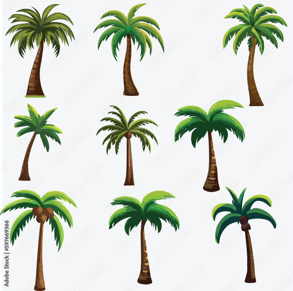 Vector Illustration Set Featuring Various Variants of Palm Trees, Isolated on a White Background