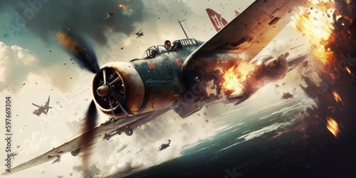 Fotografia World war II fighter plane battle in dogfight in the sky